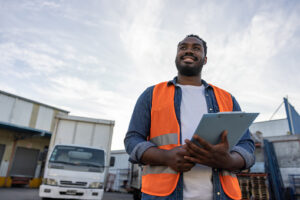 A man in a bright orange vest smiles while holding a tablet
